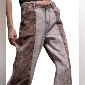 POL Wide Leg Color Block Jeans, Brown, Small